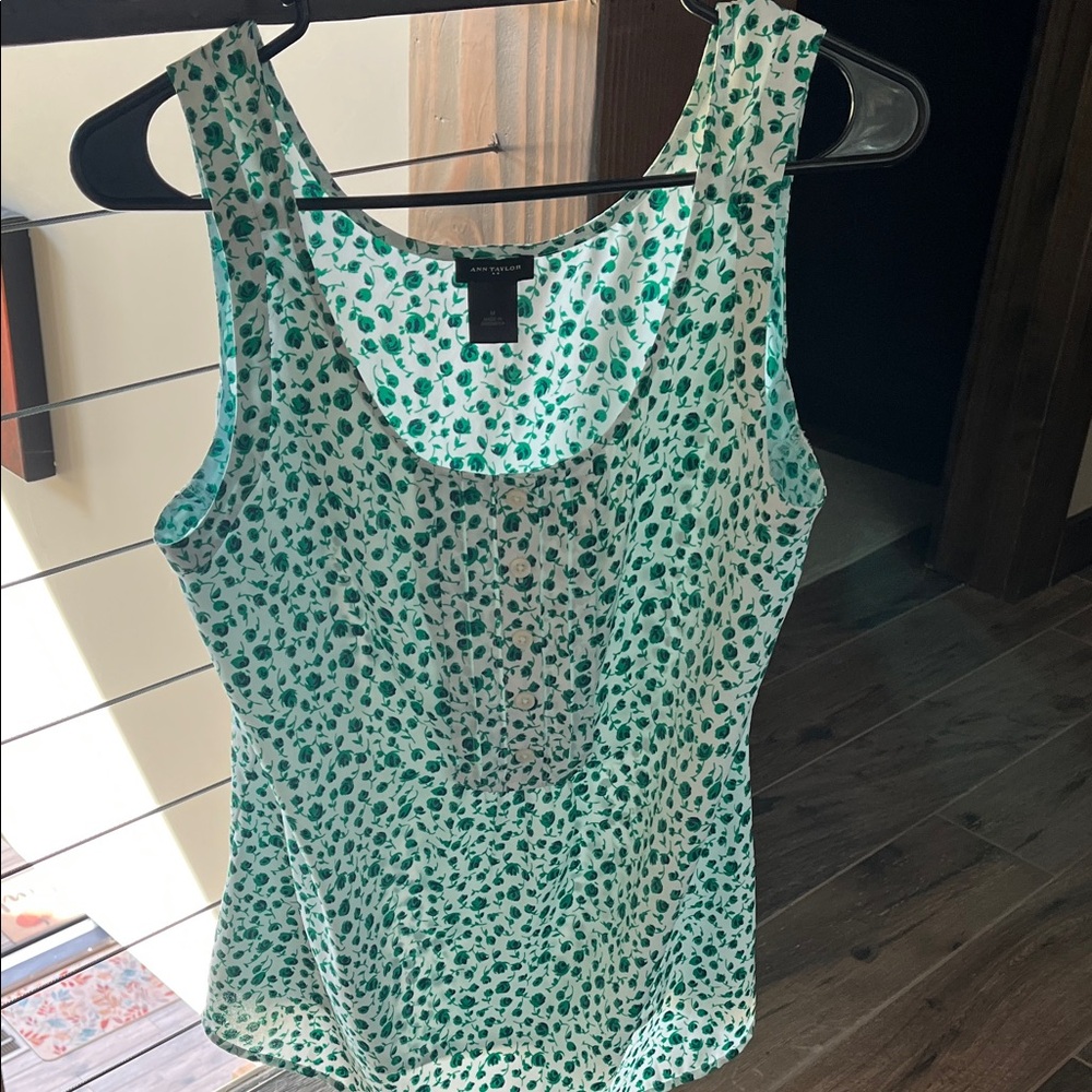 Ann Taylor White and Green Leaf Print Tank Top